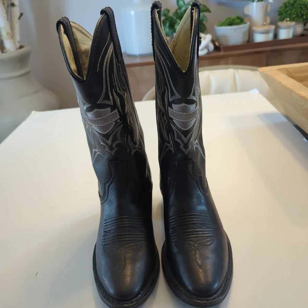 Harley Davidson Leather Cowboy Western Leather Boots Size 7 Black 81598 GUC - Picture 3 of 8
